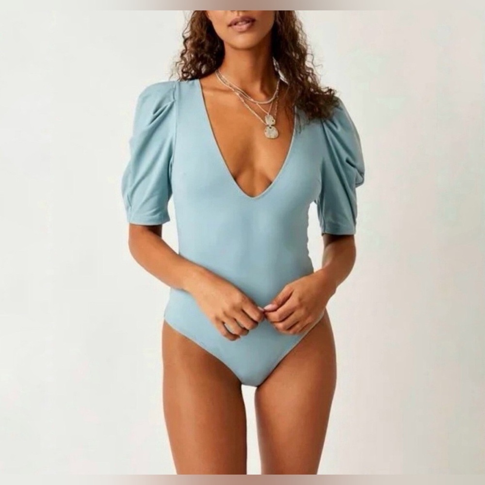 Free‎ People Va Va Voop Puff Sleeve Bodysuit Sky Blue | Size Small NWT